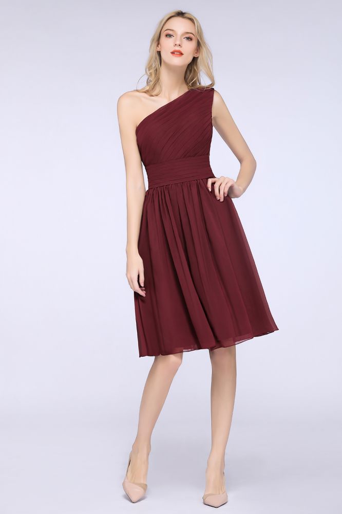Vestido de dama de honor formal de fiesta, sin mangas, con un solo hombro y volantes, hasta la rodilla