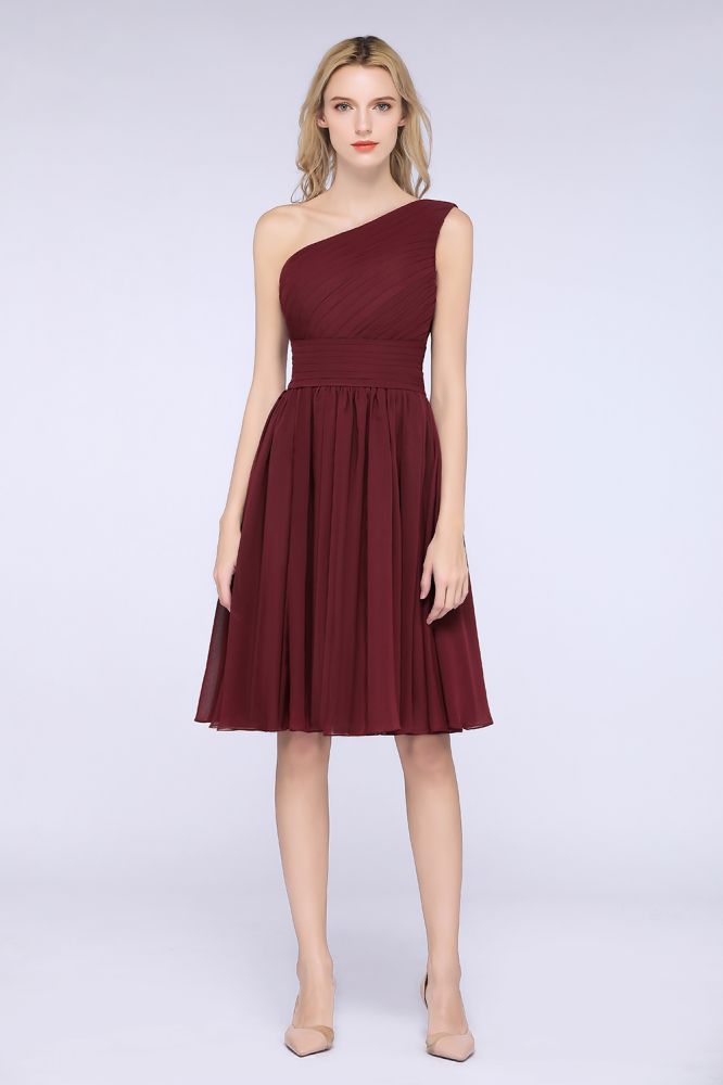 Vestido de dama de honor formal de fiesta, sin mangas, con un solo hombro y volantes, hasta la rodilla
