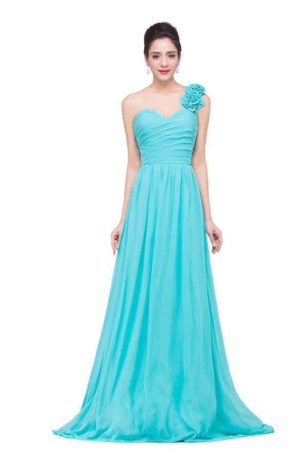Vestidos de dama de honor de gasa con un solo hombro, sin tirantes, corte A y largo barrido