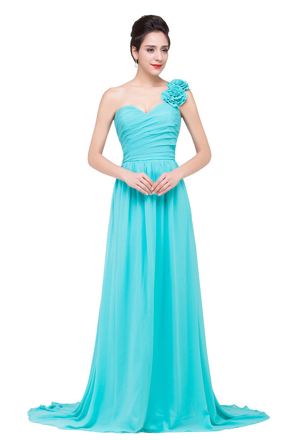 Vestidos de dama de honor de gasa con un solo hombro, sin tirantes, corte A y largo barrido