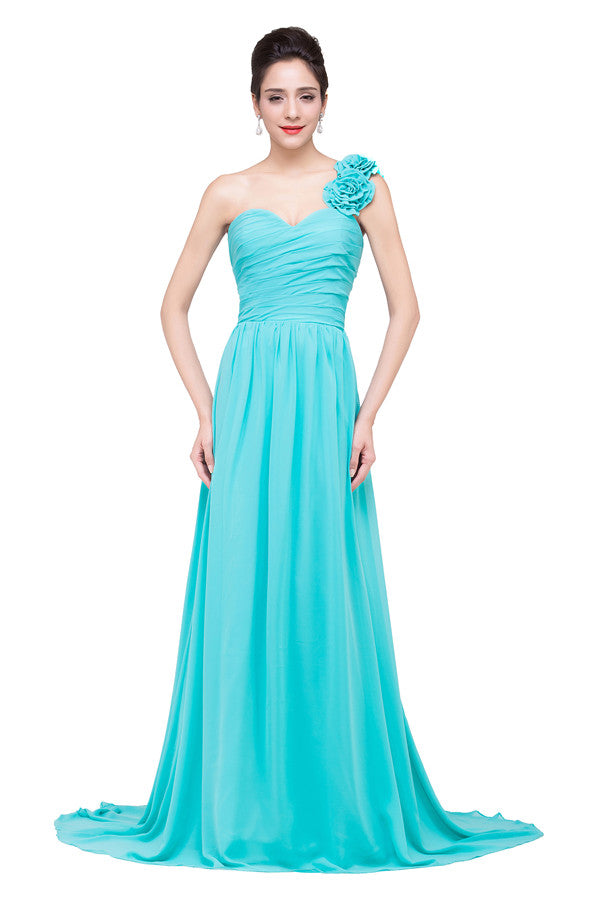 Vestidos de dama de honor de gasa con un solo hombro, sin tirantes, corte A y largo barrido