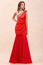 Vestido de dama de honor de satén elástico rojo con volantes y un hombro, largo hasta el suelo/minivestido de fiesta