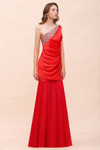 Vestido de dama de honor de satén elástico rojo con volantes y un hombro, largo hasta el suelo/minivestido de fiesta