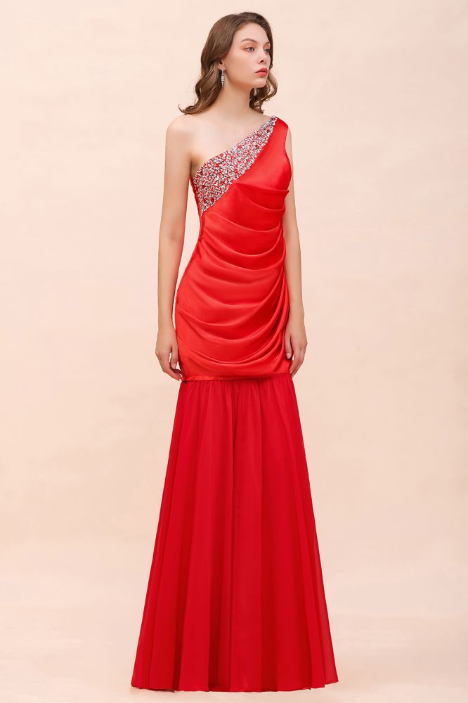 Vestido de dama de honor de satén elástico rojo con volantes y un hombro, largo hasta el suelo/minivestido de fiesta