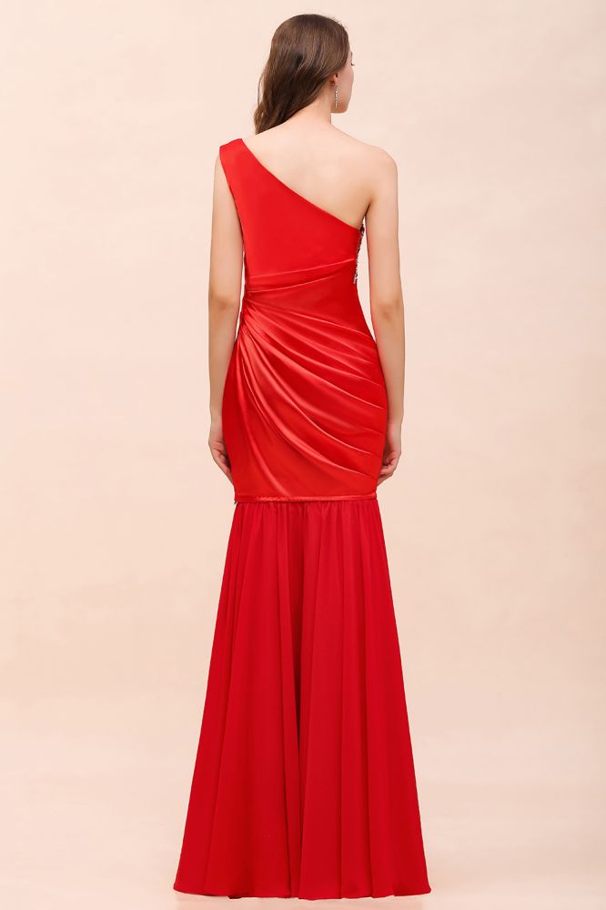 Vestido de dama de honor de satén elástico rojo con volantes y un hombro, largo hasta el suelo/minivestido de fiesta