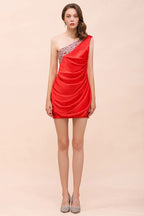 Vestido de dama de honor de satén elástico rojo con volantes y un hombro, largo hasta el suelo/minivestido de fiesta