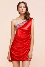 Vestido de dama de honor de satén elástico rojo con volantes y un hombro, largo hasta el suelo/minivestido de fiesta