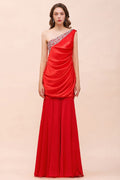Vestido de dama de honor de satén elástico rojo con volantes y un hombro, largo hasta el suelo/minivestido de fiesta