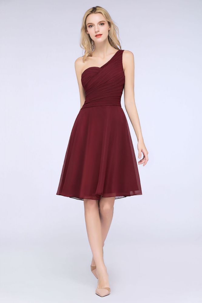 Vestido de dama de honor con escote corazón y un hombro hasta la rodilla, con volantes, vestido de fiesta acampanado