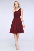 Vestido de dama de honor con escote corazón y un hombro hasta la rodilla, con volantes, vestido de fiesta acampanado