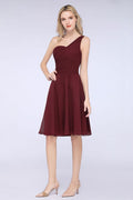 Vestido de dama de honor con escote corazón y un hombro hasta la rodilla, con volantes, vestido de fiesta acampanado