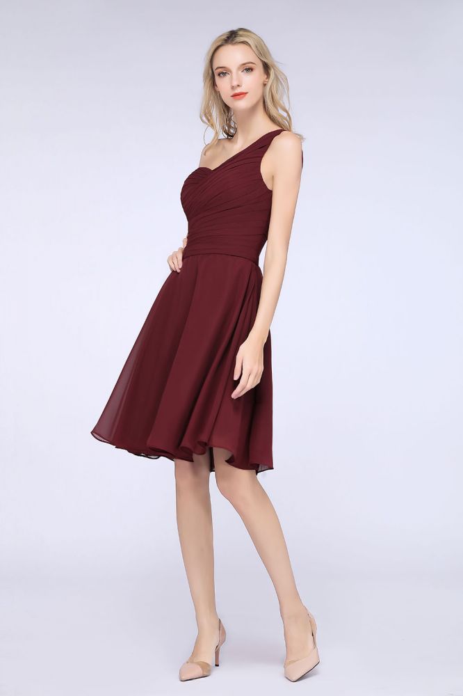 Vestido de dama de honor con escote corazón y un hombro hasta la rodilla, con volantes, vestido de fiesta acampanado