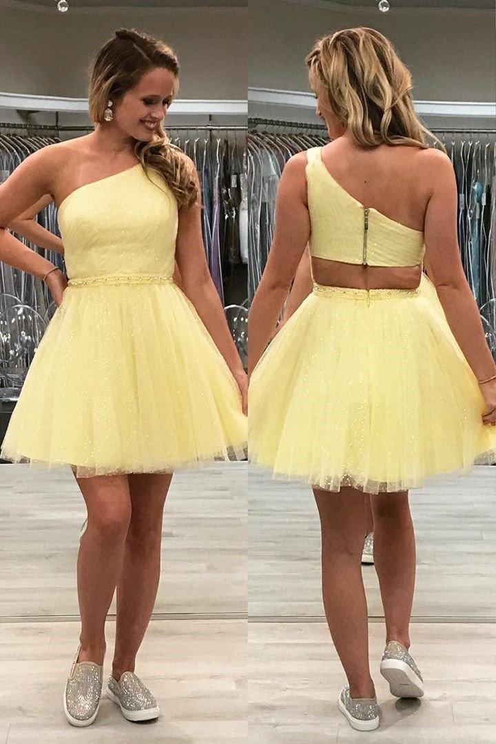 Einschultriges gelbes schickes Tüll-Heimkehrkleid, süßes Abschlusskleid, PD374