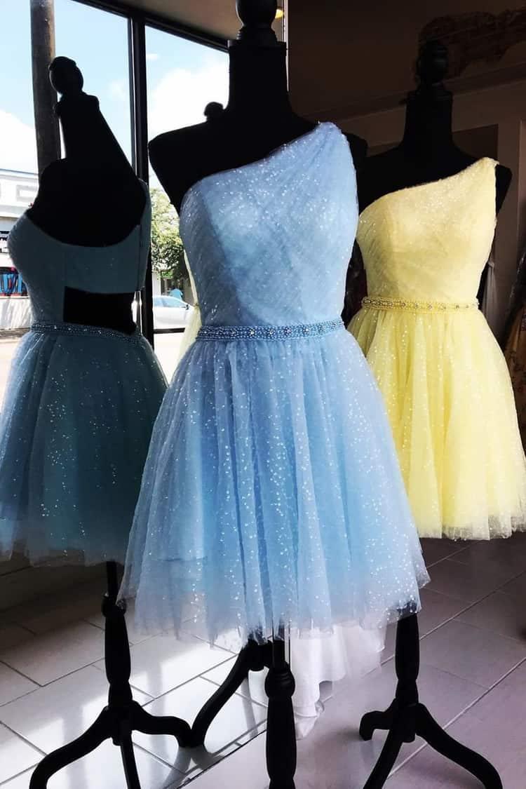 Einschultriges gelbes schickes Tüll-Heimkehrkleid, süßes Abschlusskleid, PD374