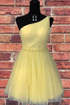 Einschultriges gelbes schickes Tüll-Heimkehrkleid, süßes Abschlusskleid, PD374
