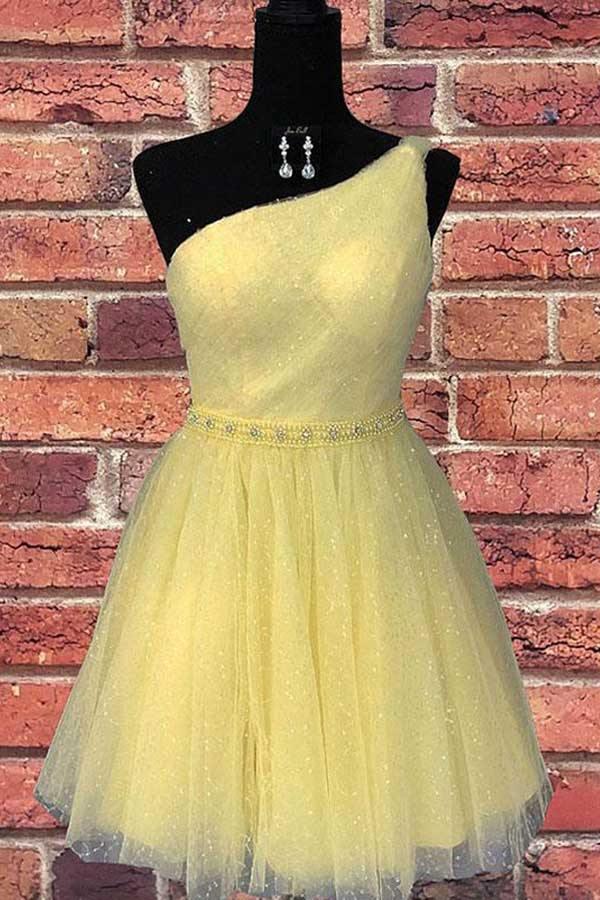 Einschultriges gelbes schickes Tüll-Heimkehrkleid, süßes Abschlusskleid, PD374