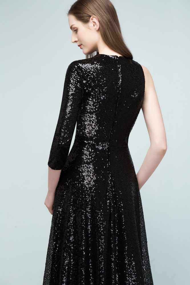 Vestidos de fiesta negros de una sola manga, corte A, largos hasta el suelo, con lentejuelas
