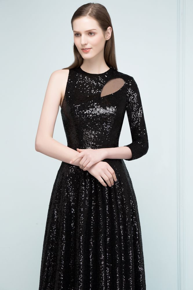 Vestidos de fiesta negros de una sola manga, corte A, largos hasta el suelo, con lentejuelas