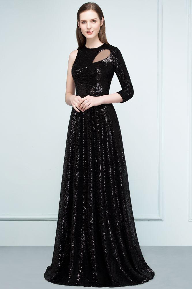 Vestidos de fiesta negros de una sola manga, corte A, largos hasta el suelo, con lentejuelas