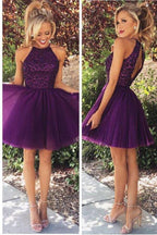 Vestido de cóctel morado con espalda abierta y cuello halter y cuentas para la fiesta de bienvenida PG020