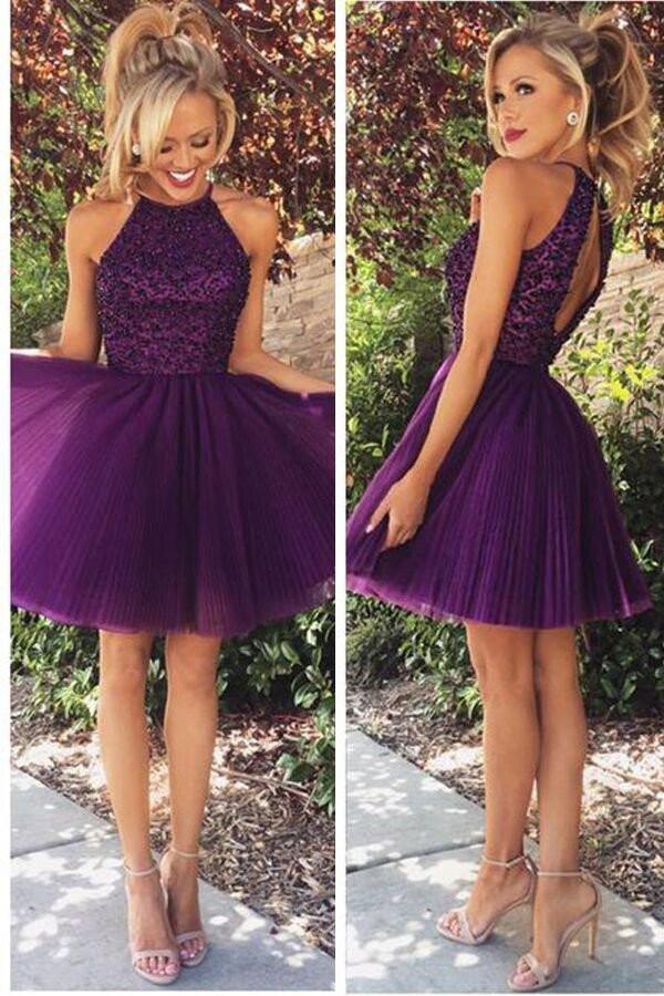 Vestido de cóctel morado con espalda abierta y cuello halter y cuentas para la fiesta de bienvenida PG020