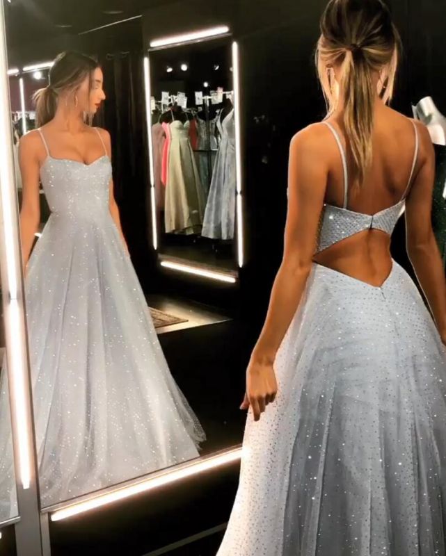 Open Back Spaghetti Strap Sequin Prom Dresses Ice Blue Sexy Evening Gowns