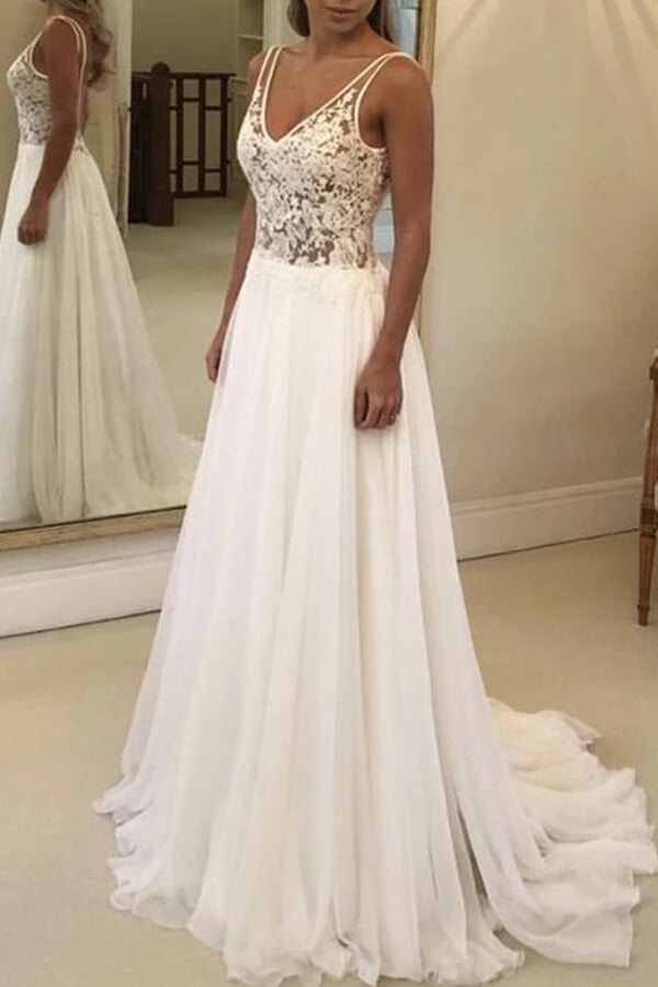 Open Back V-neck Lace Chiffon Wedding Dress