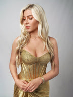 Oren | Vestidos de fiesta largos con escote sirena, corsé de satén dorado y abertura