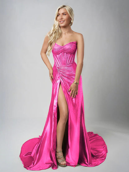 Oren | Meerjungfrau Gold Satin Korsett Lange Ballkleider mit Schlitz