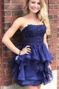Organza A-line Strapless Short Prom Dress Navy Blue Homecoming Dress PD393