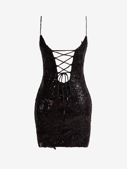 Orla | Vestido de fiesta negro con tirantes finos, lentejuelas y encaje