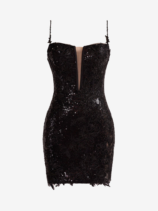 Orla | Vestido de fiesta negro con tirantes finos, lentejuelas y encaje
