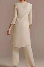 Vestido de madre de la novia, traje de pantalón, largo hasta el suelo, de gasa, con encaje y mangas 3/4