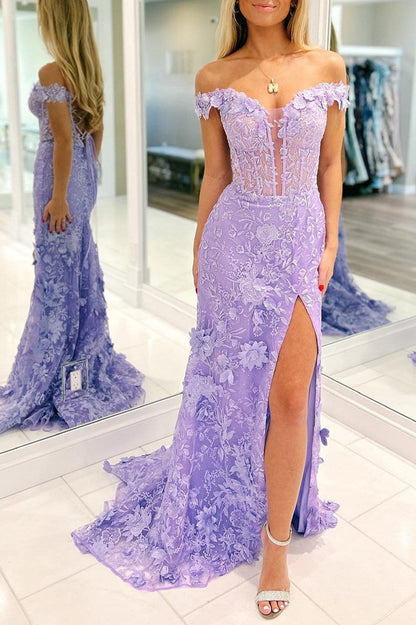 Paradis | Schulterfreies, langes Ballkleid aus floraler Spitze mit Schlitz