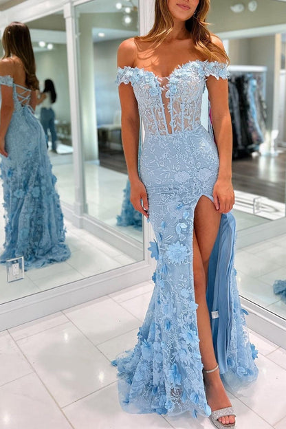 Paradis | Schulterfreies, langes Ballkleid aus floraler Spitze mit Schlitz