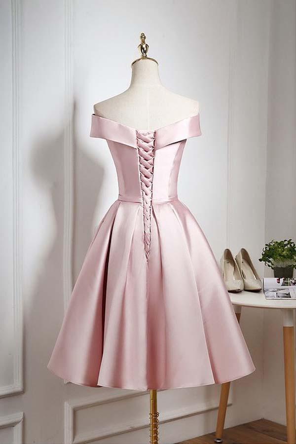 Pearl Pink Off Shoulder Knee Length Party/Homecoming Dress with Ruffle PD044
