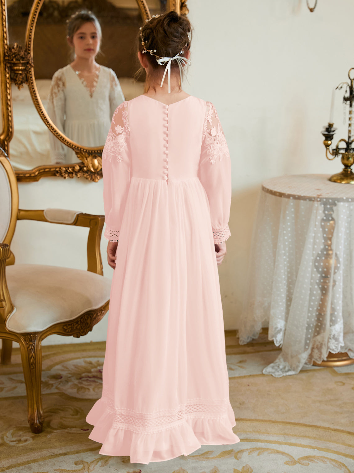 Bodenlanges Chiffon-Kleid in A-Linie und Elfenbein für die Erstkommunion 