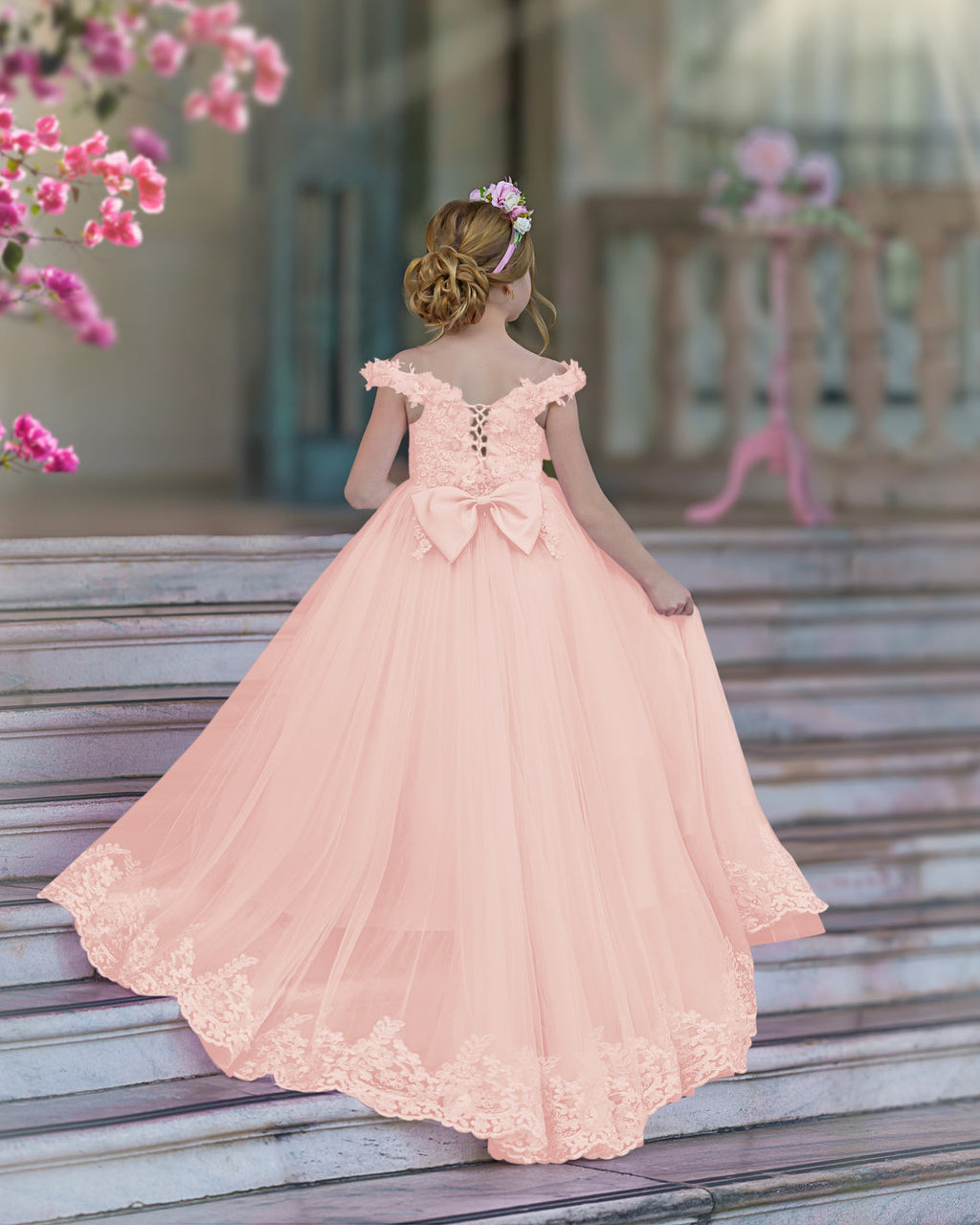 Vestido de fiesta/princesa de encaje con cola larga, color rosa, para cumpleaños