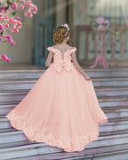 Vestido de fiesta/princesa de encaje con cola larga, color rosa, para cumpleaños