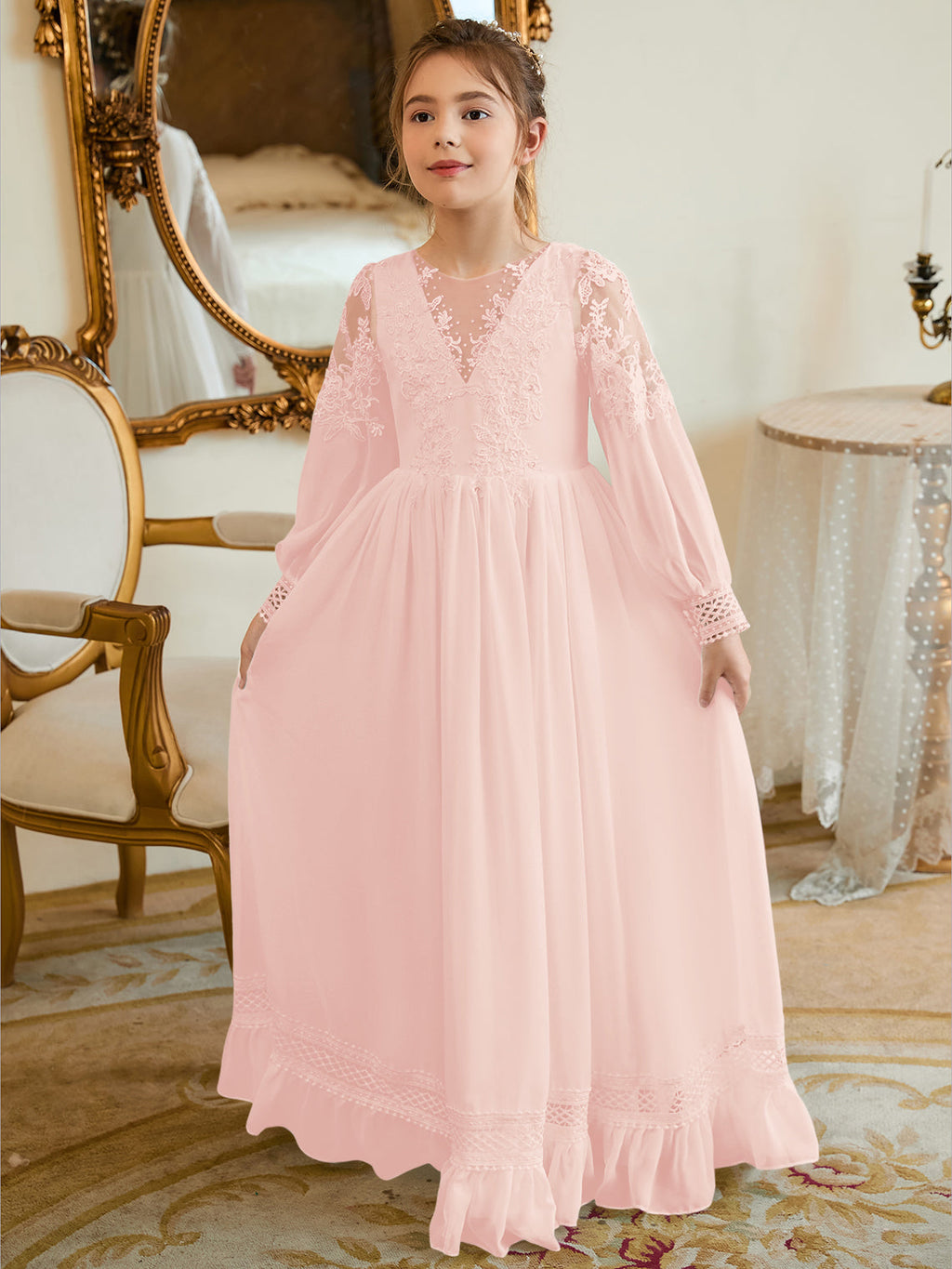 Bodenlanges Chiffon-Kleid in A-Linie und Elfenbein für die Erstkommunion 