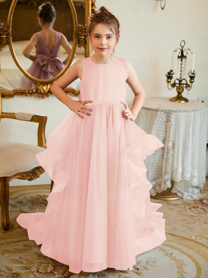 Duchesse-Linie/Princess-Linie Satin Tüll Bodenlang Blumenmädchenkleid 