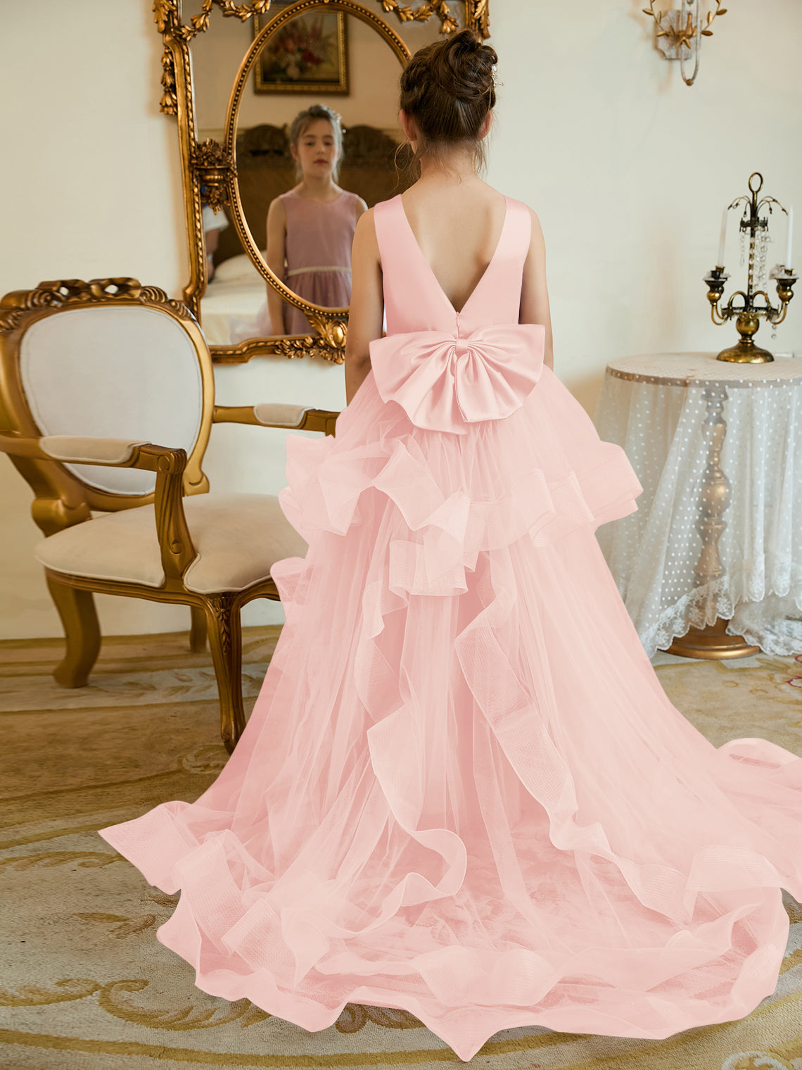 Duchesse-Linie/Princess-Linie Satin Tüll Bodenlang Blumenmädchenkleid 