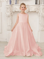 A-Linie Prinzessin Ärmelloses Satin Blumenmädchenkleid mit Schleppe und Schleife 
