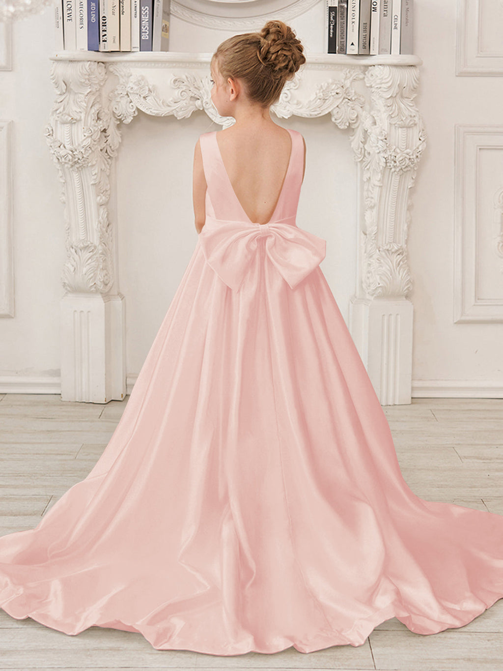 A-Linie Prinzessin Ärmelloses Satin Blumenmädchenkleid mit Schleppe und Schleife 