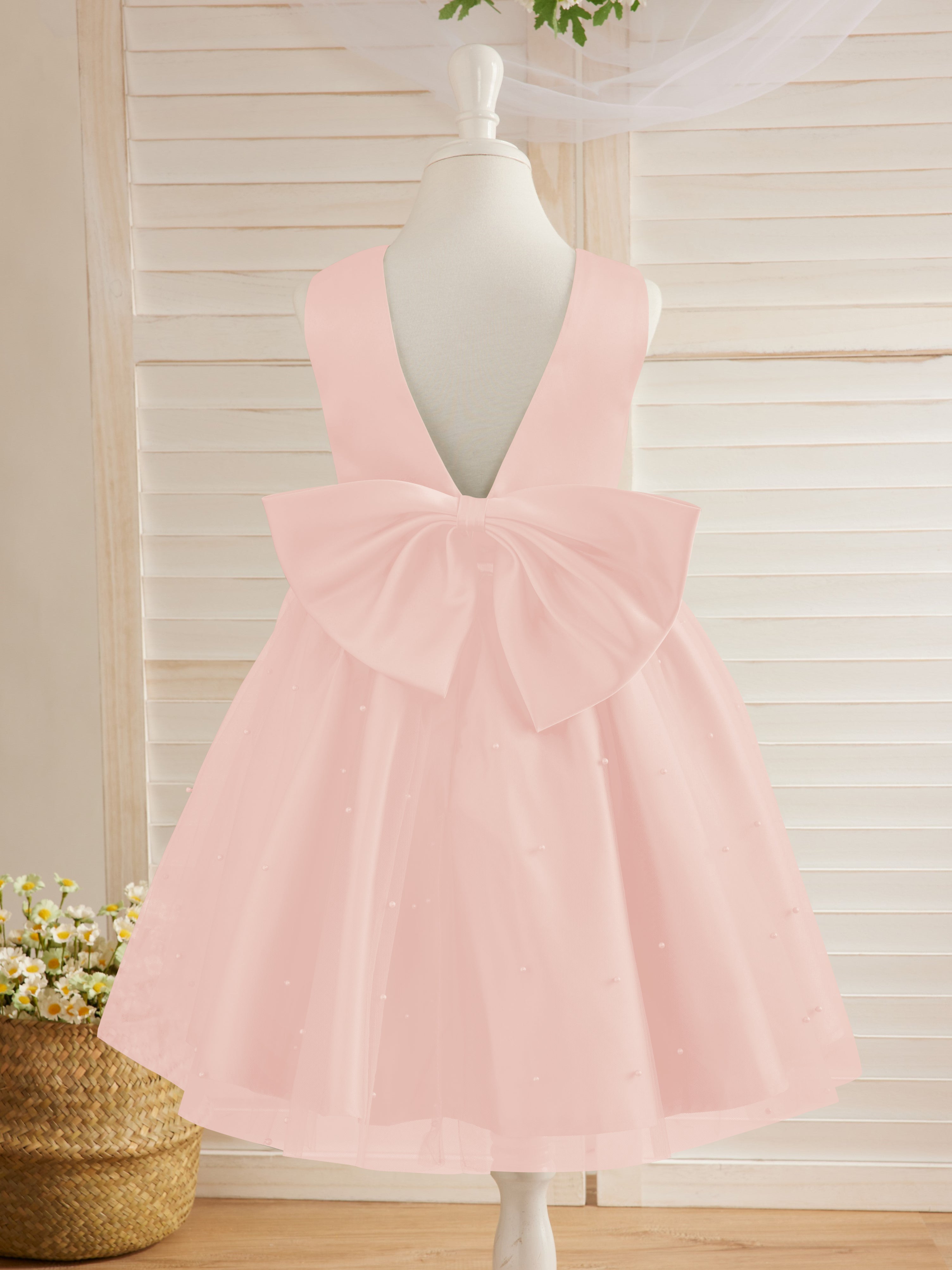 Vestido de niña de las flores de satén, tul y hasta la rodilla, estilo princesa