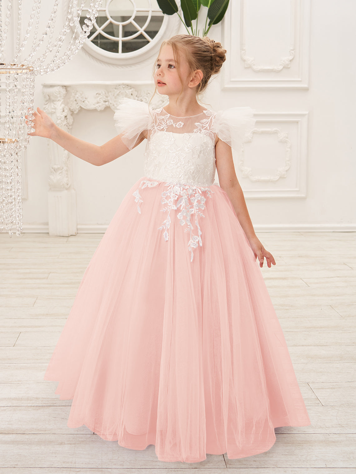 Abnehmbares Blumenmädchenkleid aus Spitze und Tüll mit Schleppe 