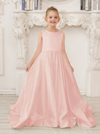 A-Line Princess Sleeveless Satin Flower Girl Dress with Sweep Train and Bow