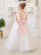 Ballkleid/Princess-Linie 3D-Blumen Tüll Bodenlang Elfenbein Blumenmädchenkleid 