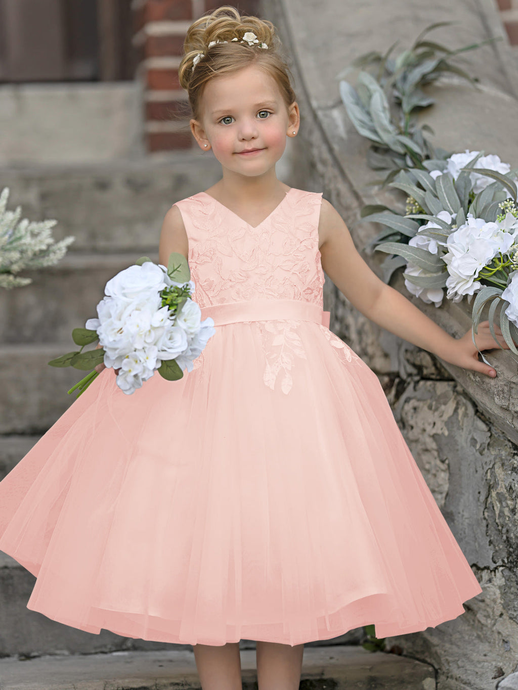 Sleeveless Lace Tulle Knee Length Flower Girl Dress