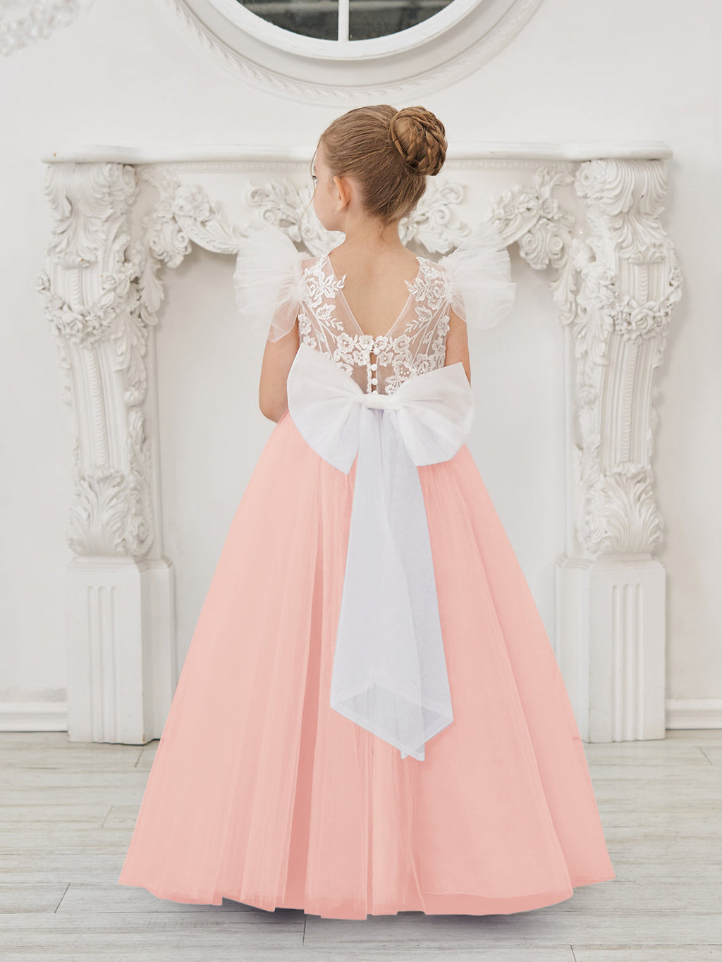 Abnehmbares Blumenmädchenkleid aus Spitze und Tüll mit Schleppe 